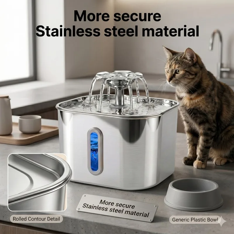 2.2L Stainless Steel Automatic Cat Water Fountain Silent Circulation Pump Visual Window Filter Pet Water Dispenser view 5