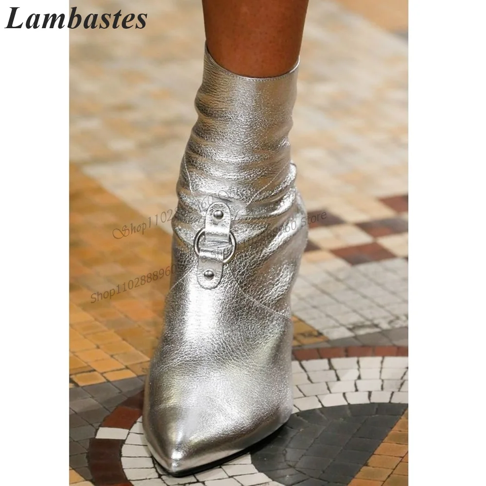 

Silver Leather Metal Circle Decor Ankle Boots Chunky High Heel Women Shoes Back Zipper Pointed Toe 2023 Fashion Zapatillas Mujer