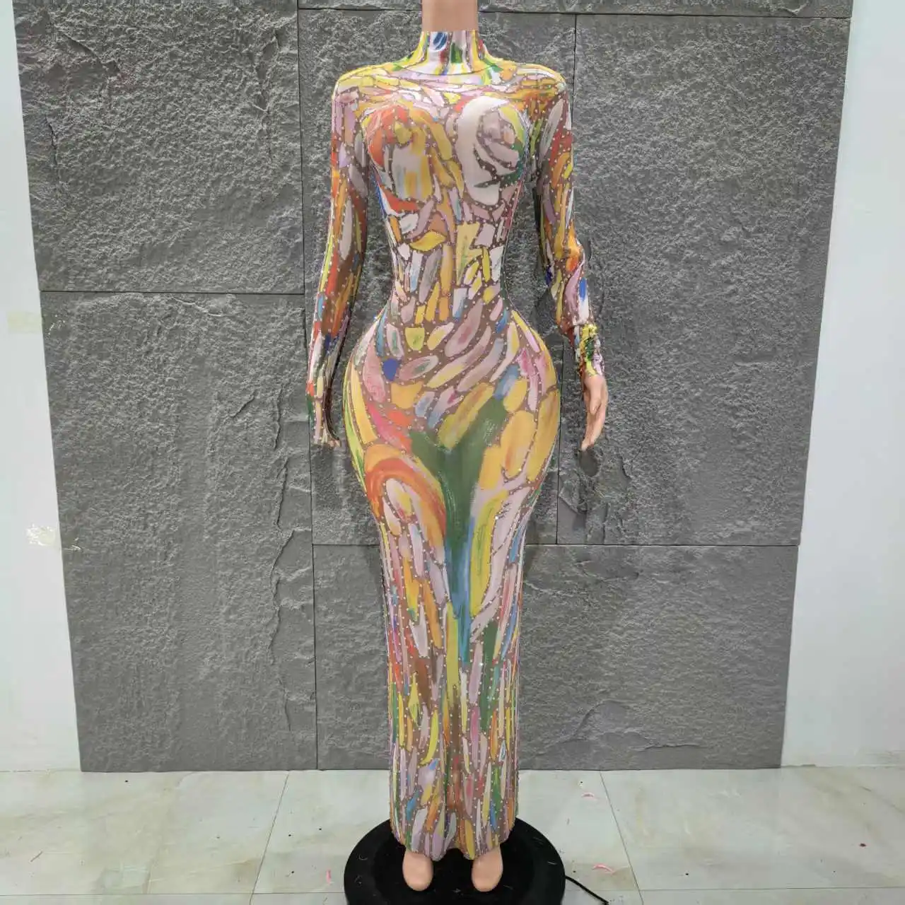 LAGER Frauen Sexy Langarm Druck Farbe Bodycon Lange Mesh Durchsichtig Kleid Nachtclub Party Bar Sänger Leistung Kostüm