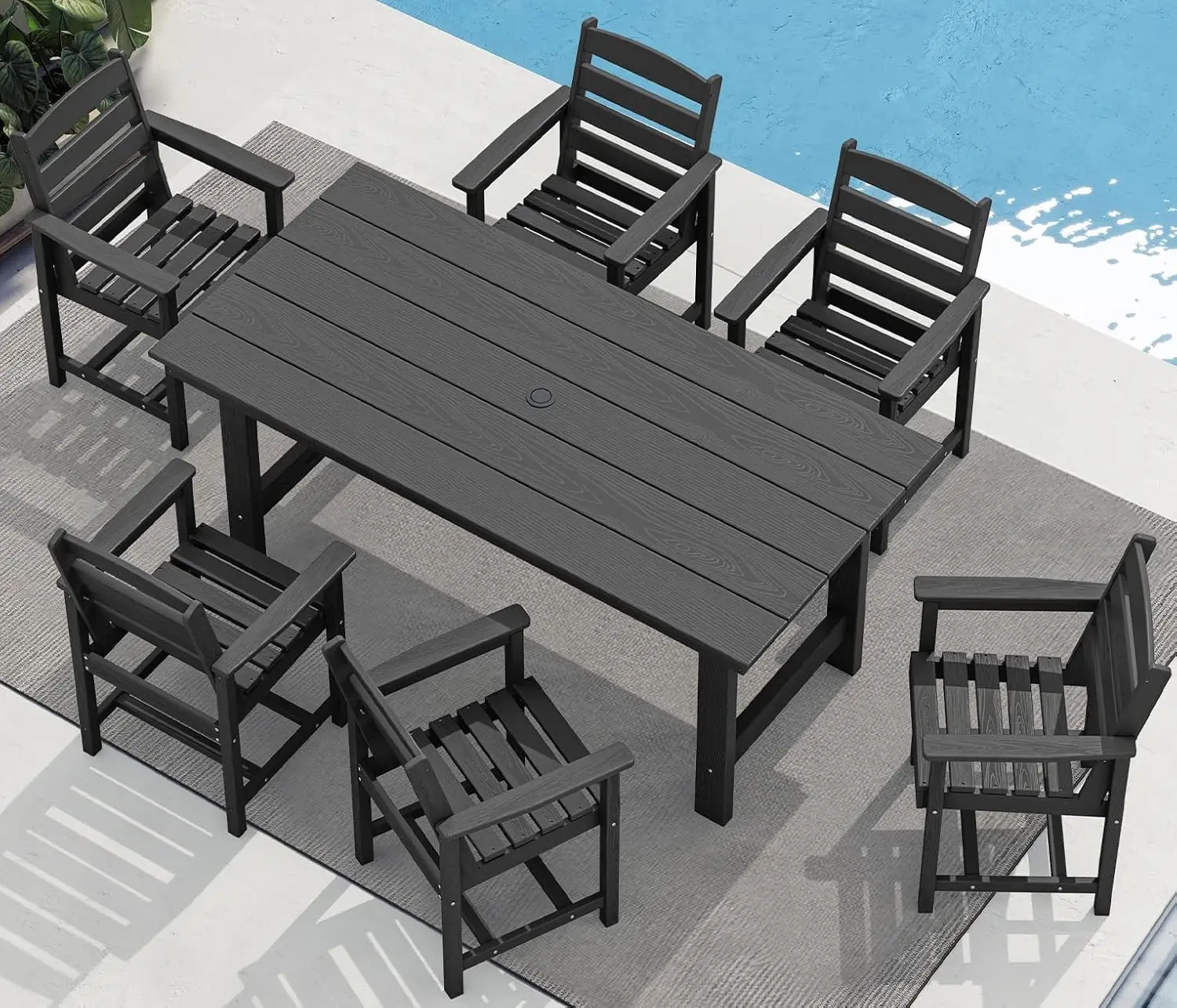 

SERWALL 7-Piece Patio Dining Table Sets, Outdoor HDPE Dining Furniture Set with Umbrella Hole Cut-Out Table and 6 Chairs, Black