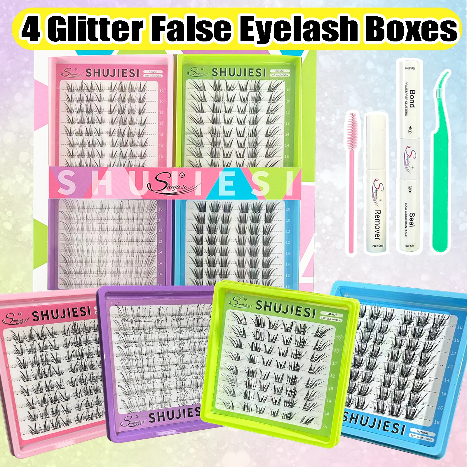 Shujiesi Sparkling Diamond False Eyelash Set (4 boxes) - Lengths 10-16mm - Suitable for various occasions and holidays