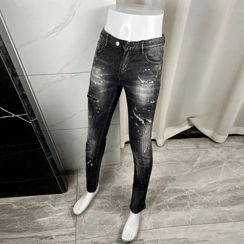 Y2k fashion new men's jeans painted, washed, distressed, elastic, slim fit black jeans, high street hip-hop brand pants, hombre