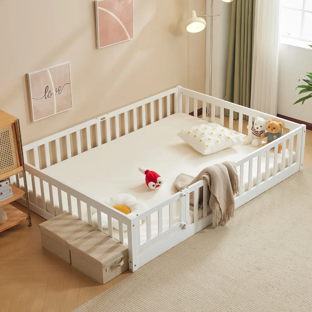 

Floor Bed with Safety Guardrails & Door & Slats Floor Bed Frame for Girls Boys