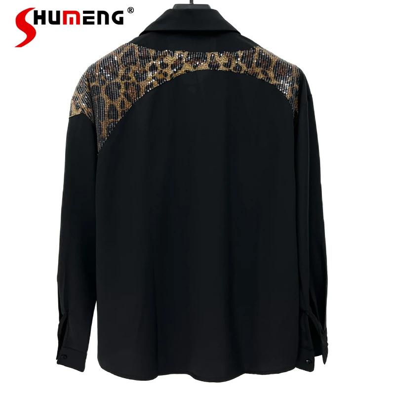 

Men's Sequin Leopard Print Long Sleeve Shirts Male 2025 New Trend Loose Comfort Chic Tie Shirt Stylish Handsome Personality Tops