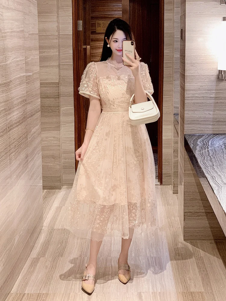 SMTHMA Celebrity Temperament Mesh Sequin Dress Women's 2024 Summer New Design High-End Slim Long Dresses