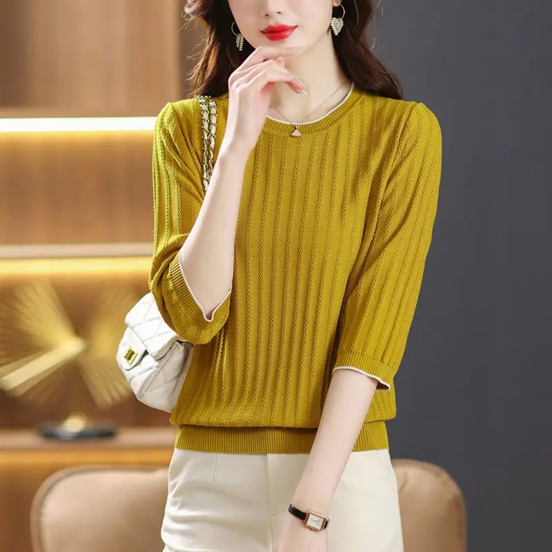 2023 New Spring Summer 3/4 Sleeve Loose O Neck Pullover Office Lady Korean Style Solid Color Fashion Casual T-shirts for Women