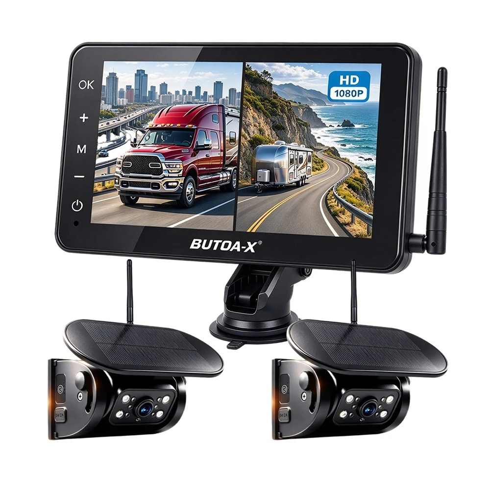 Digital Wireless 7 Inch /5INCH IPS Dual Screen Monitor with 1/2x Solar Backup Camera Magnetic Base for Caravan Trailer RV Hitch