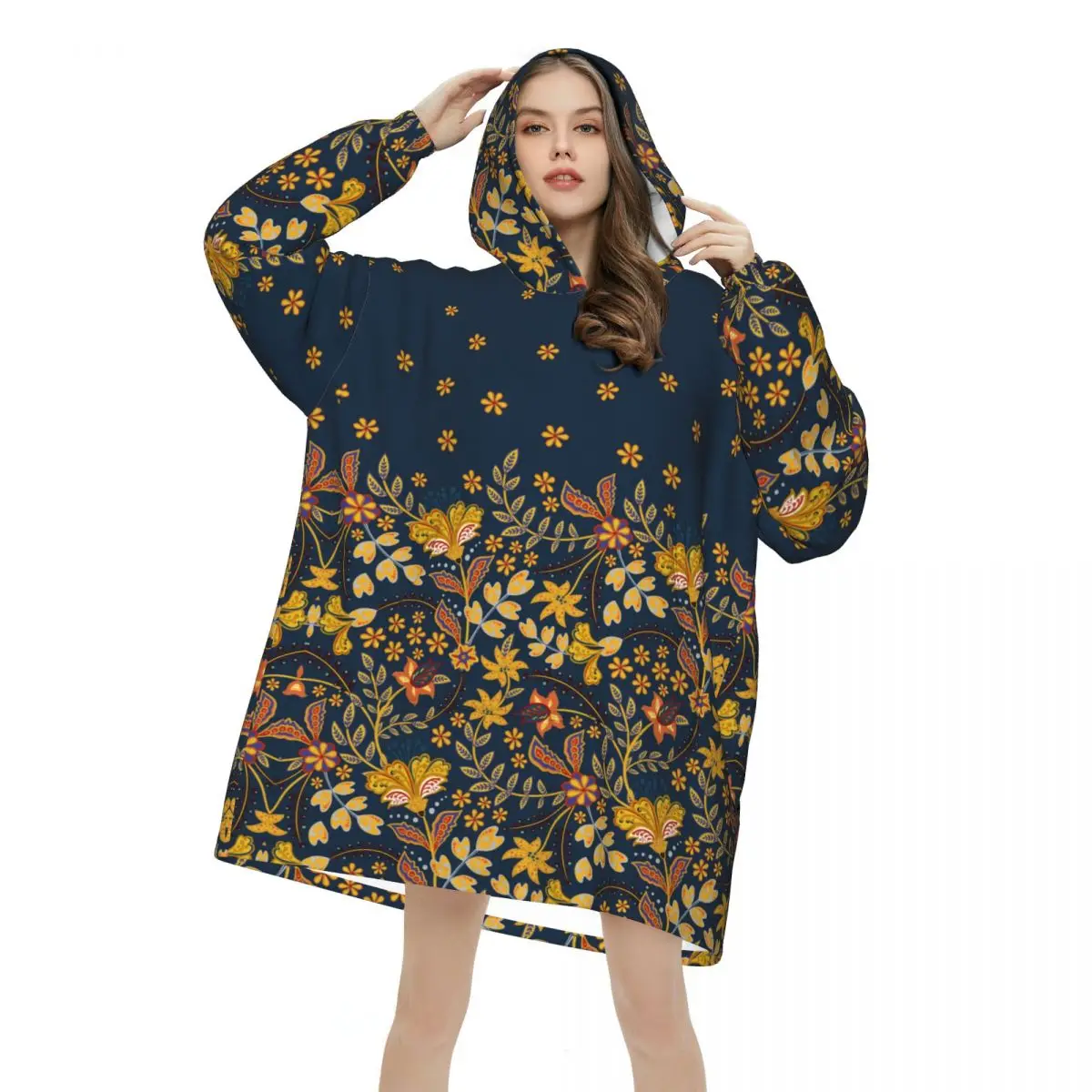 Elegante gouden bloem esthetische oversized deken hoodie sweatshirt luxe gouden bloemen draagbare deken met zak voor dames