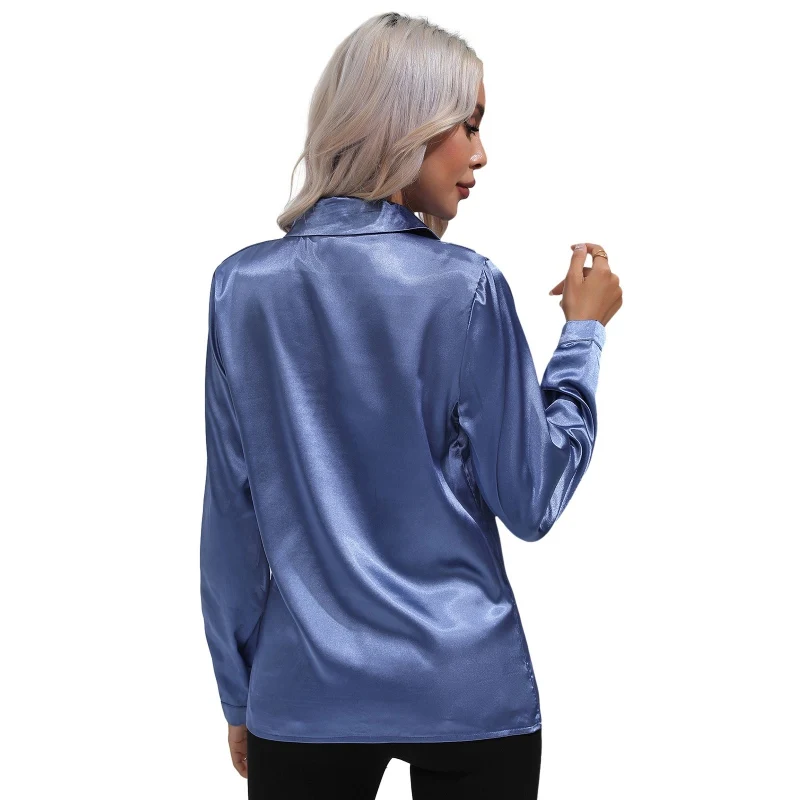 Women Dress Shirts Long Sleeve Blouses Female Shirts Satin Silk Button Down Shirts