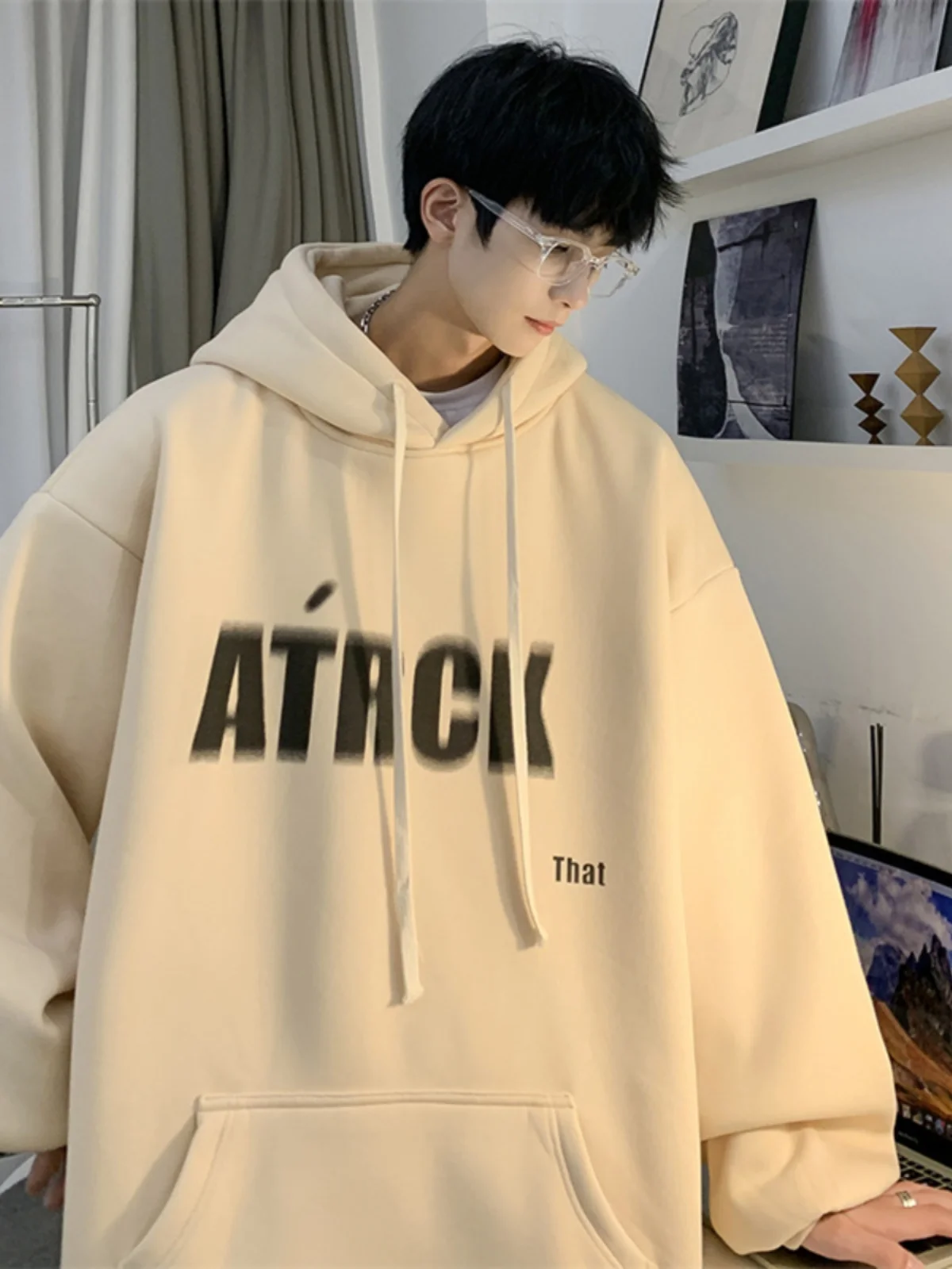 

Бежевая плотная толстовка с капюшоном для мужчин, весна-осень, в американском уличном стиле, износостойкая, оверсайз, модная брендовая толстовка, повседневная одежда