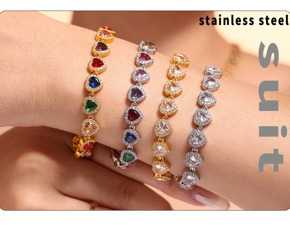 Farbiges Zirkonia-Herzarmband für Damen aus 316 Edelstahl, Vergoldet, Luxuriöser Armreif, Damen-Charm-Schmuck-Accessoires – Detail 2