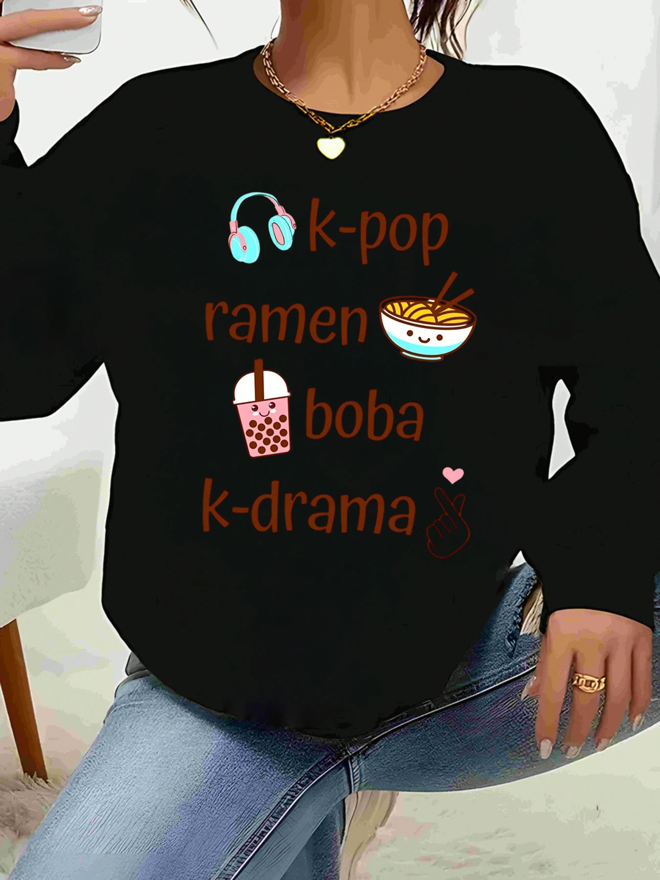 เสื้อยืดแขนยาวพิมพ์ลาย Kpop Ramen Boba Kdrama สไตล์ลำลองสำหรับผู้หญิง