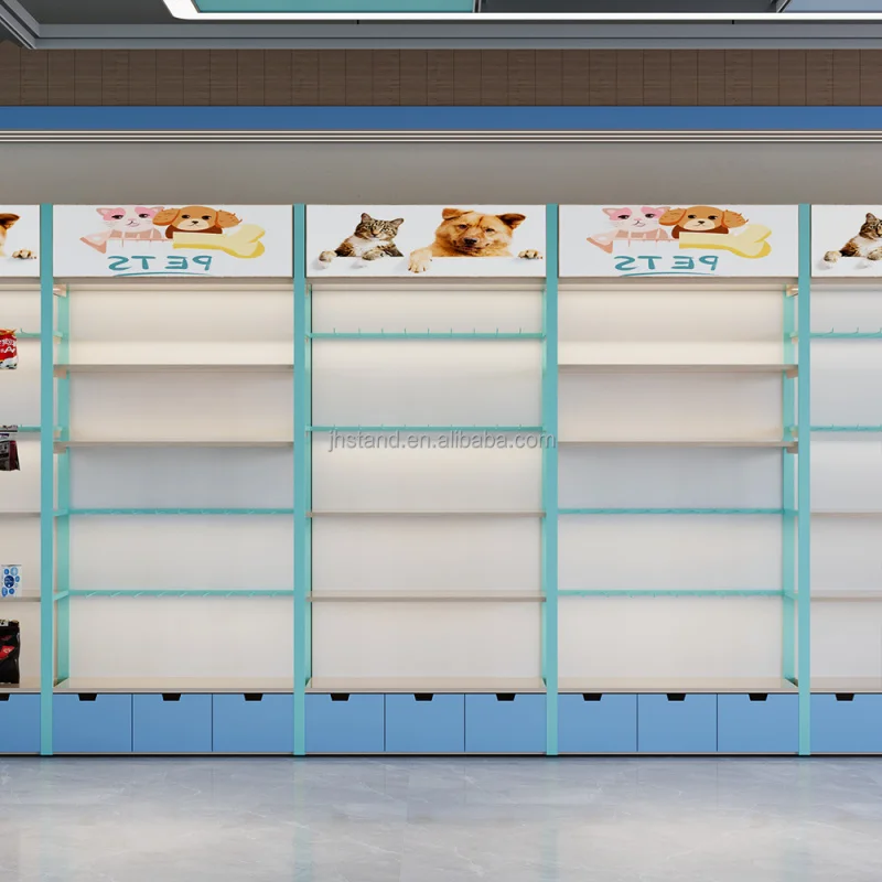 customized.Retail pet food toys shop display shelves snake counter popup store lovely blue color pets supermarket display