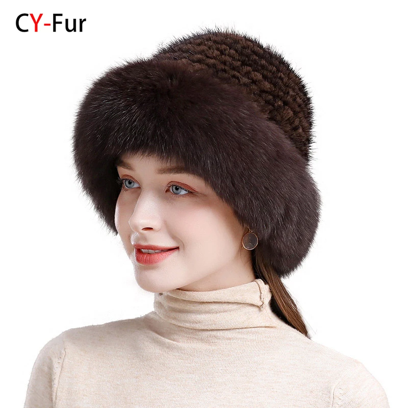 2024 New Women Winter Luxury Knitted Real Mink Fur Bomber Hat Natural Warm Fox Fur Cap Girls Quality Soft Genuine Mink Fur Hats