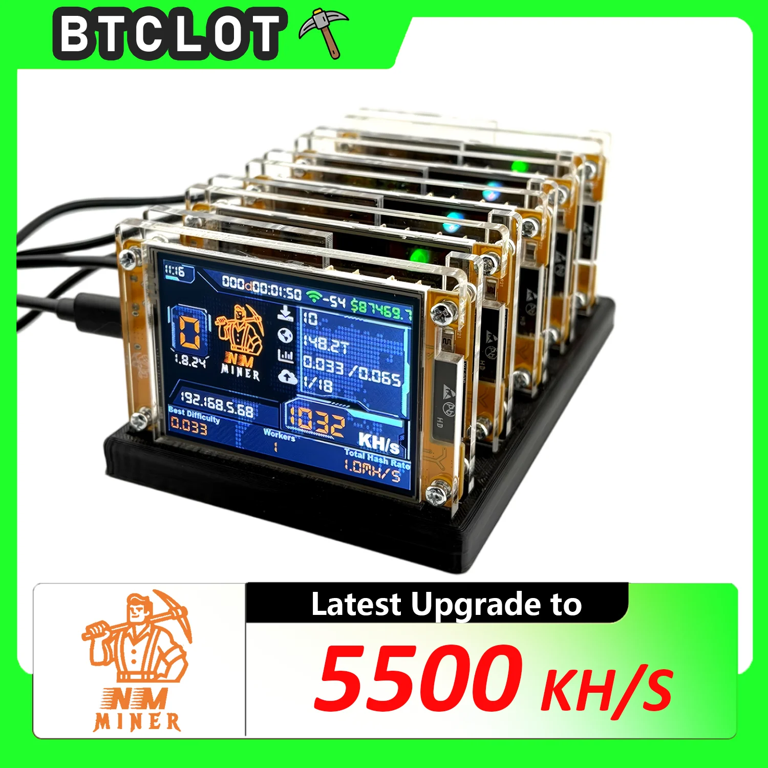 Upgraded-Bitcoin Lottery Solo Miner 5X 1061KH/S Nmminer NerdMiner+ Crypto Desktop Device Harshrate 5 Slots Stand 2.8 Inch Smart