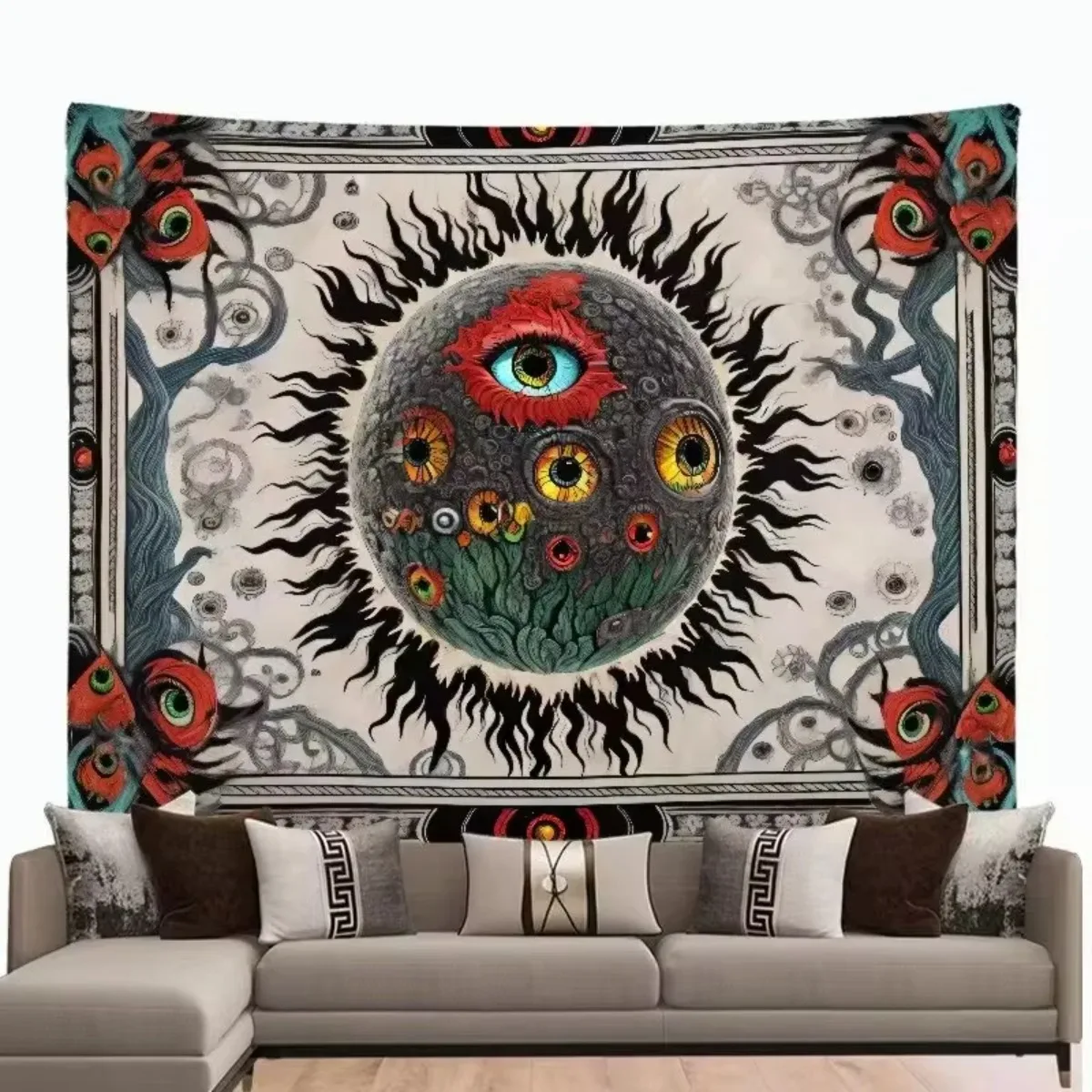 

1pc A Large Fantasy Mandala Flower AndPlant Tapestry Adorned with Eerie EyesAnd a Background cloth Burning In TheSun