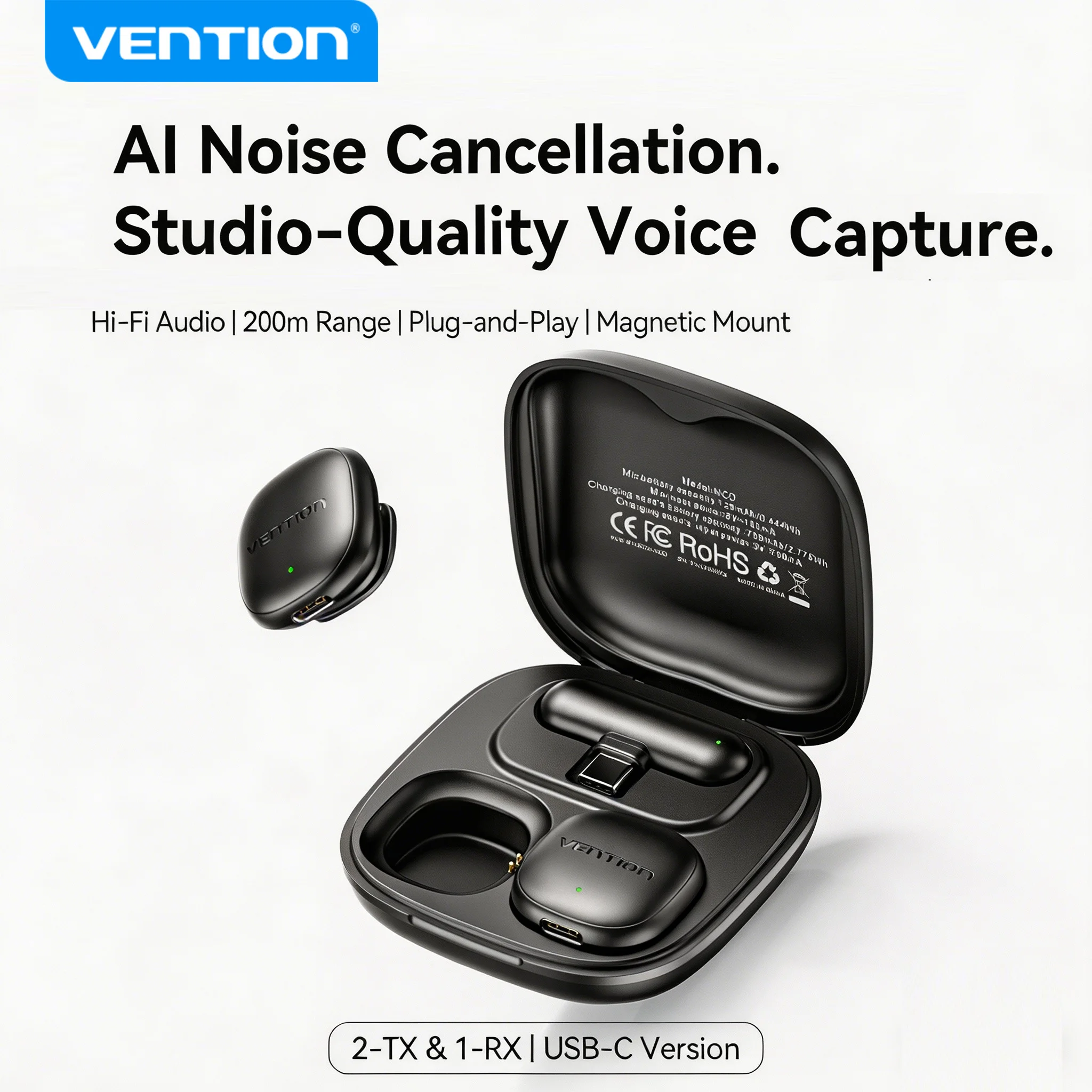 

Беспроводной магнитный петличный микрофон Vention с кнопкой, радиусом действия 200 м, с ИИ-шумоподавлением, для видеозаписи и видеоблогов