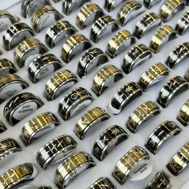 10Pcs Black Gold Cross Skull Carving Stainless Steel Rings Rotatable Ring For Women Men Jewelry Bulk Lots Whole Factory LR223