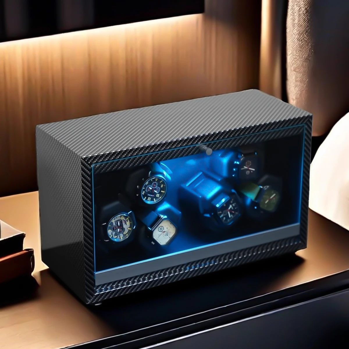 Watch Winder for Automatic Watches 6/4/2/1 Slots Watch Shaker Wooden Box Super Motor Blue LED Light Jewelry Store Display Box