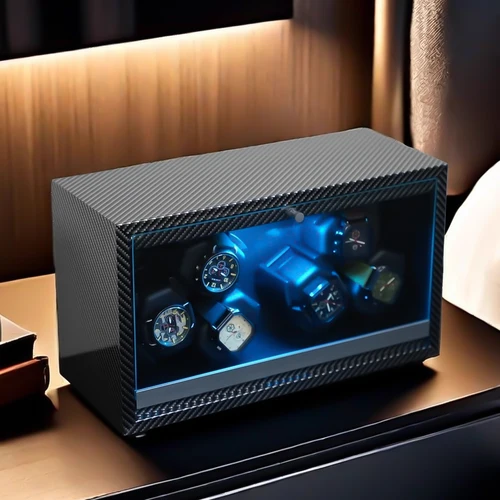 Imagen 1 del producto Bobinadora de reloj para relojes automáticos, agitador de reloj con 6/4/2/1 ranuras, caja de madera con súper Motor, luz LED azul, caja de presentación para joyería
