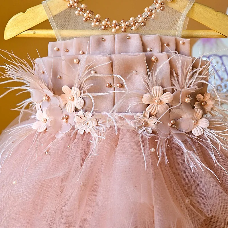 Customized Sleeveless Princess Ball Gown Dress Beaded Mesh Fluffy Flower Girls Dresses Pleated Sweet Tiered Lovely Girl Birthday