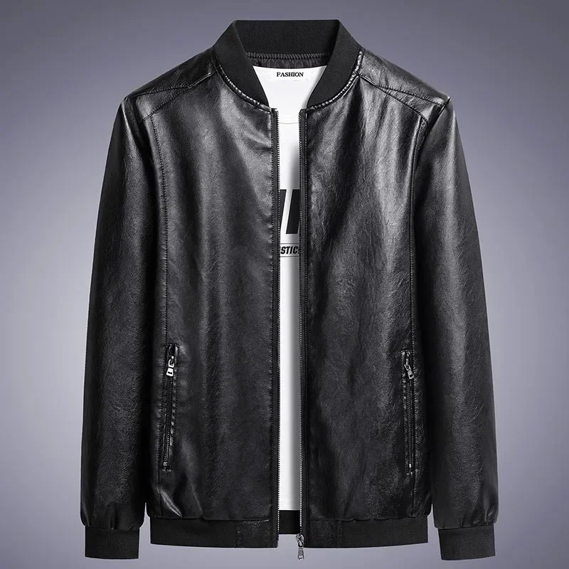 

Men Faux Leather Jacket Coats Full Sleeve Round Neck Casual Pockets Zipper Jackets Splice Simple Slim Fit Coat Autumn Winter