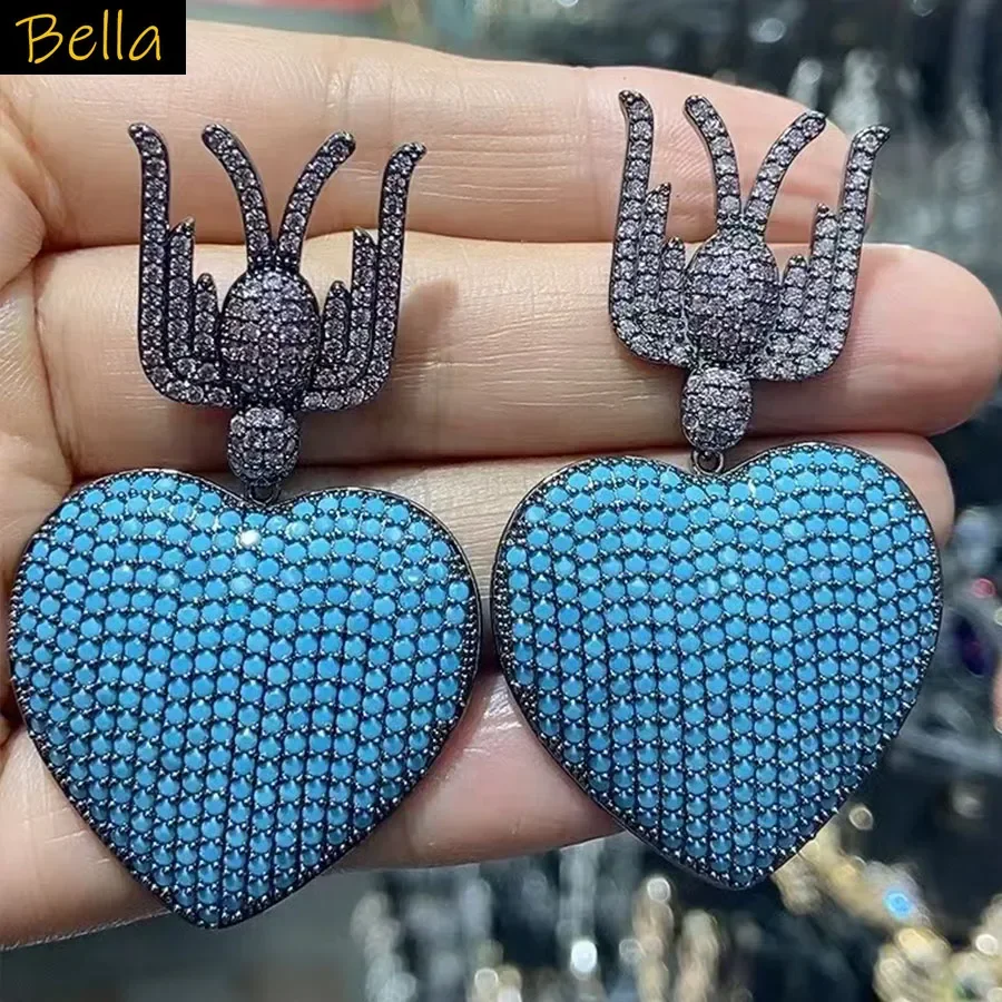 

Bold Cubic Zirconia Big Heart Statement Drop Earrings for Women Gala Event Party Jewelry Dangles Earrings Silver Color Blue