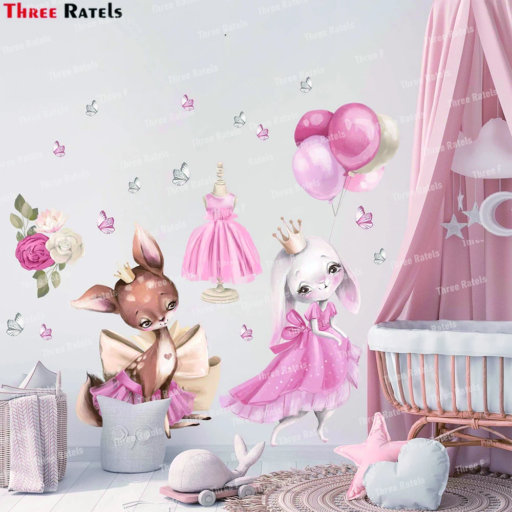 Three Ratels K651 A Rabbit In A Dress Cartoon Animal Wall Sticker Rabbit Balloon Art Kids Children's Room Home Decor