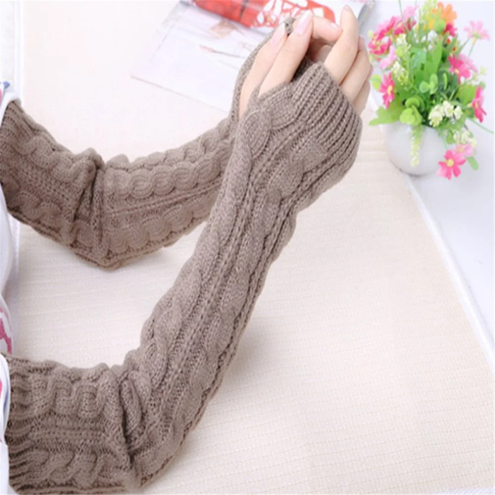 Crochet Arm Warmers Elbow Mittens Long Knitted Fingerless Gloves Twist Knitting Woolen Arm Sleeve Solid Color Winter Arm sleeve