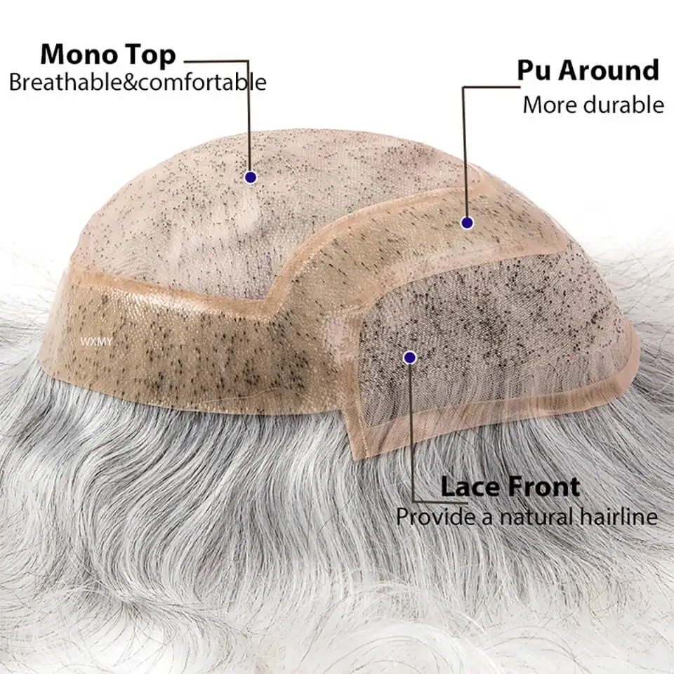 Breathable Mono Lace Pu Base Male Hair Prosthesis Human Hair Men's Wig Systems Natural Hairline Toupee Man Wig Replacement