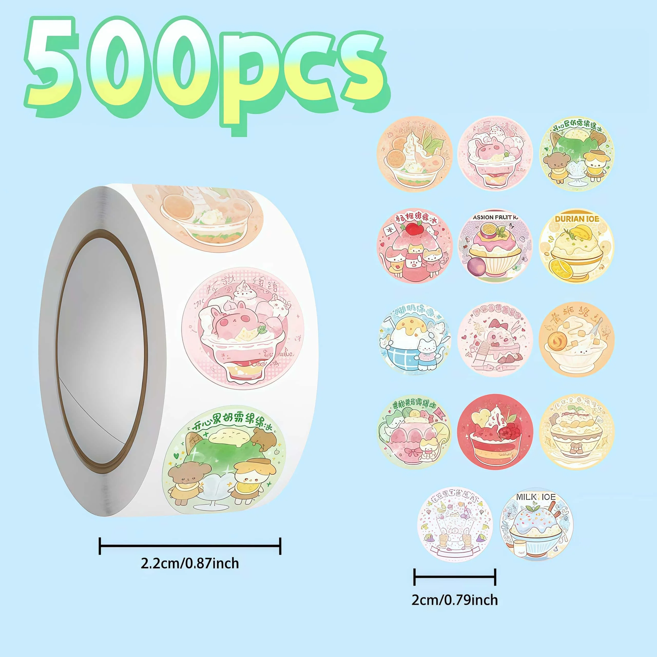 500Pcs Cute Animal Dessert Round Sticker Roll, Pastel Cartoon Ice Cream Pattern Labels for Packaging Journal Scrapbook DIY Decor