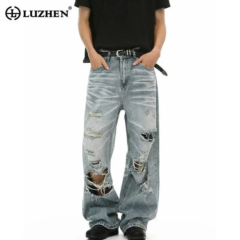 LUZHEN 2026 Summer Fashion Personalized Broken Hole Design Loose Straight Jeans Men Handsome Original Street Denim Pants JY7485