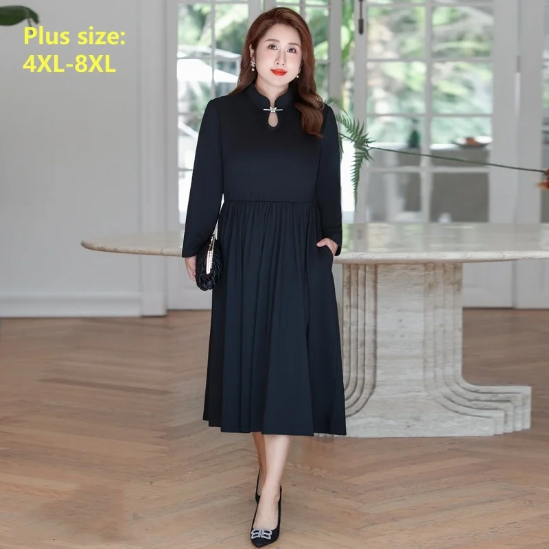 

Spring Large Size 8XL 150KG Women Dresses Ankle-Length A-line Collarless Side Slit Skirt Long Sleeve Elastic Black Retro Dresses