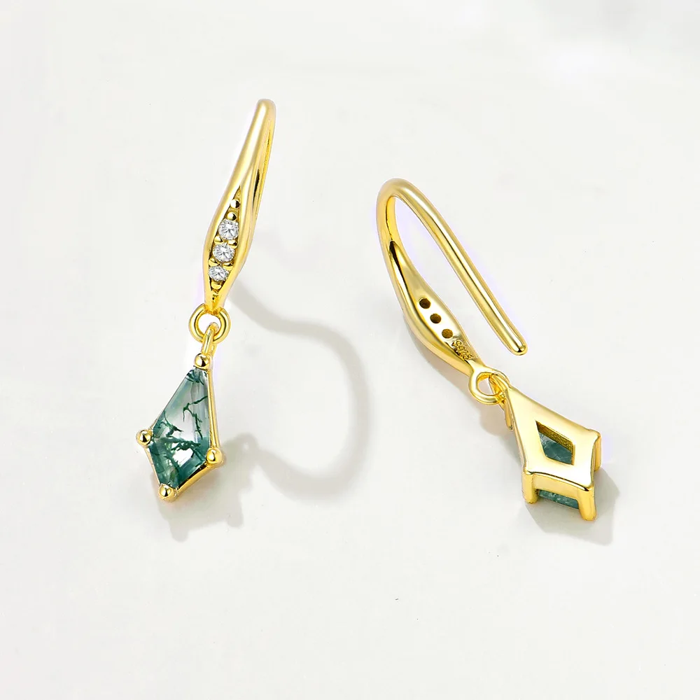 Dave&di S925 Pure Silver Natural Water Grass Agate Earrings For Women In Europe And America Fashionable And Personalized Geomet