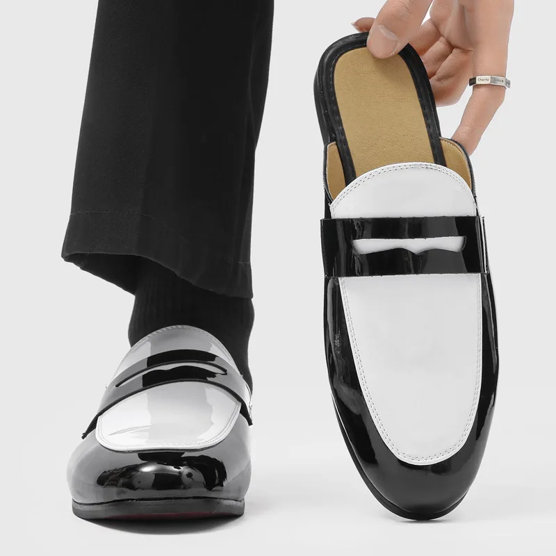 

men's fashion breathable patent leather half shoes slip-on driving oxfords shoe covers toe summer loafers street cool footwear