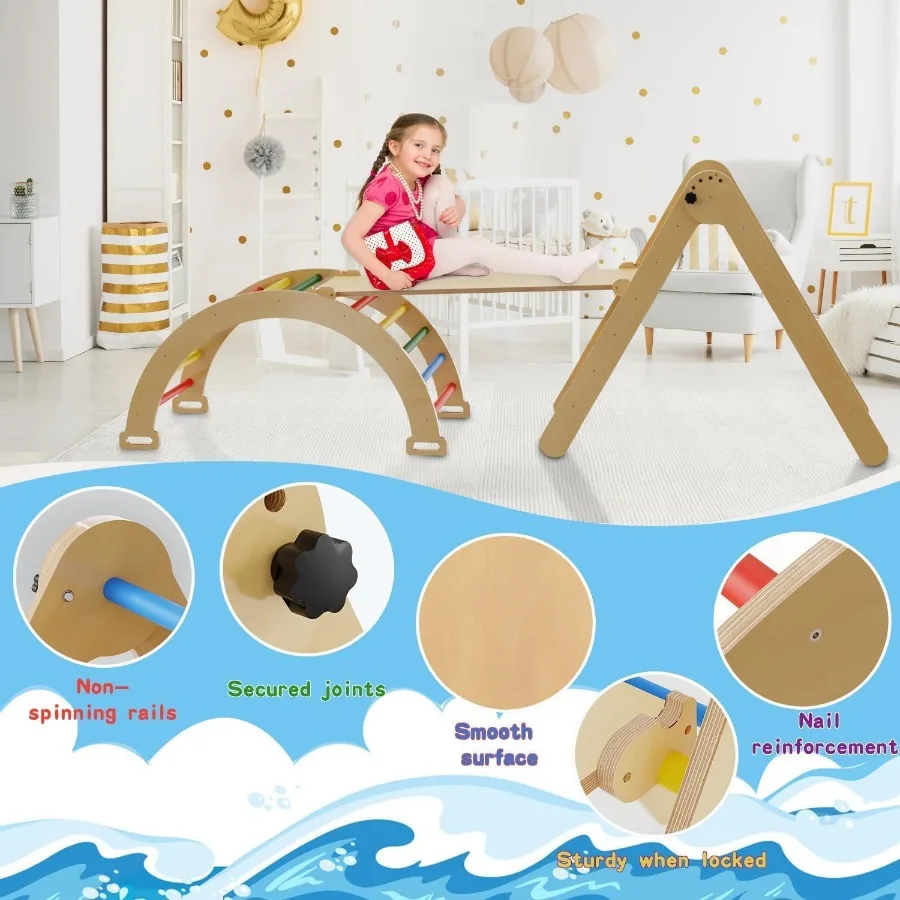 Pikler triângulo conjunto 5 em 1 dobrável montessori brinquedos de escalada de madeira bebê alpinista com arco rampa e escada interior selva ginásio para