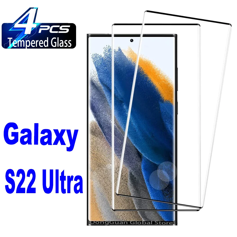 Verre trempé trempé incurvé 9H pour Samsung Galaxy S22 Ultra, protecteur d'écran HD, 4 pièces