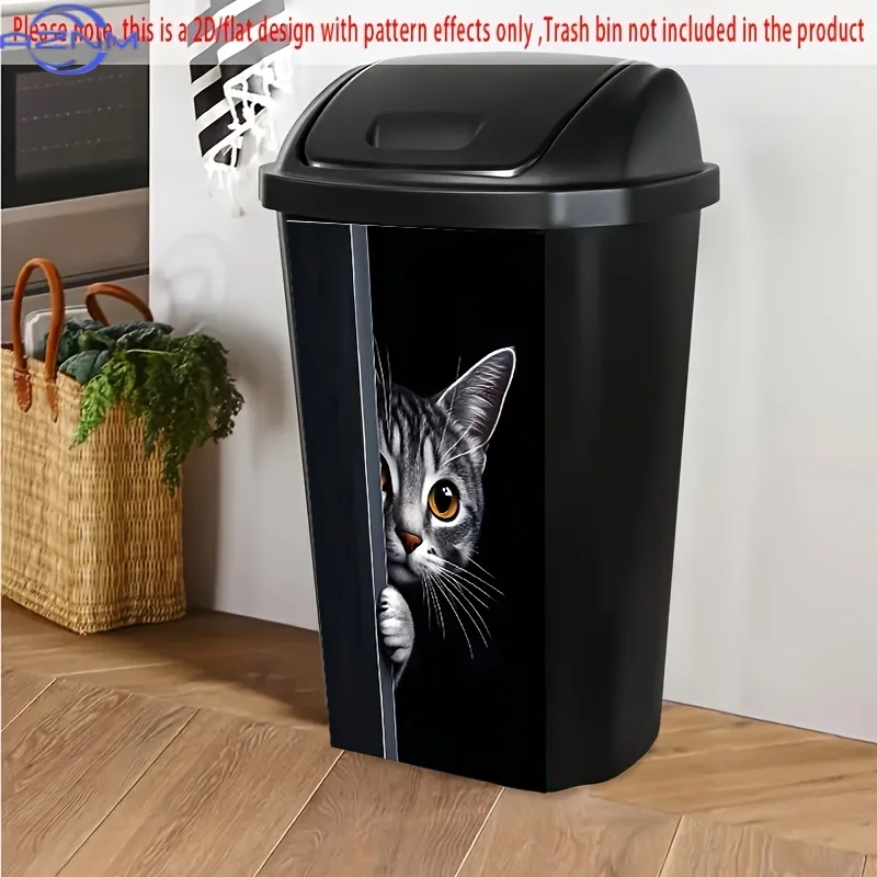 Grey Tabby Cat Peeking Self-Adhesive Dustbin Stickers, Non-Festive, PVC Trash Can Decorative Stickers,  Fit for Cat-Themed Roo