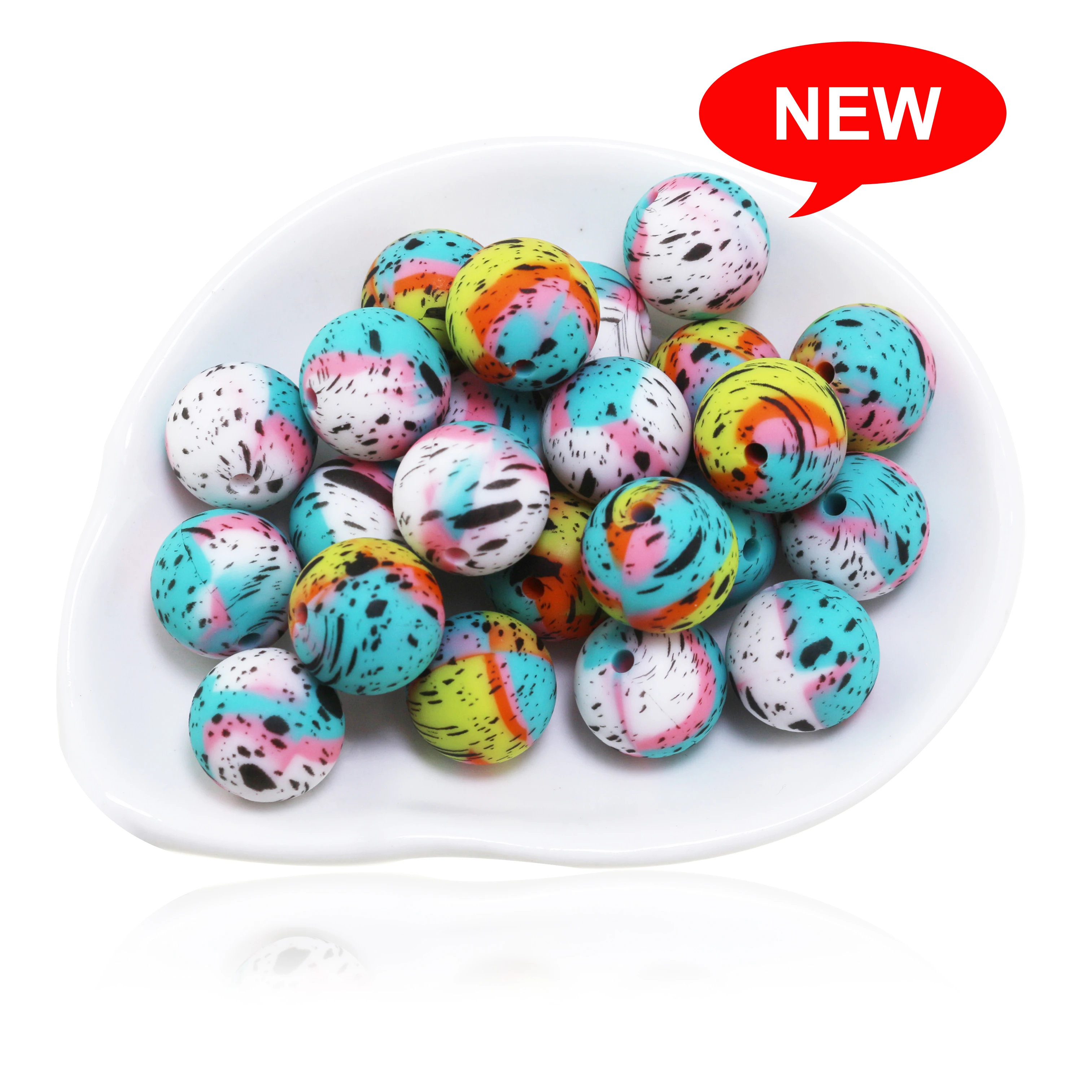 10pcs New Design Rainbow Swirl Branding Print Silicone Beads 14MM Paw Black Cow dot Pearl For Jewelry Necklaces Pen Beaded