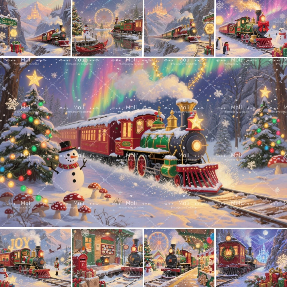 

Red Train Snow Forest Photography Backdrops Merry Christmas Backgrounds Photo Booth Birthday Decoration Wall Party