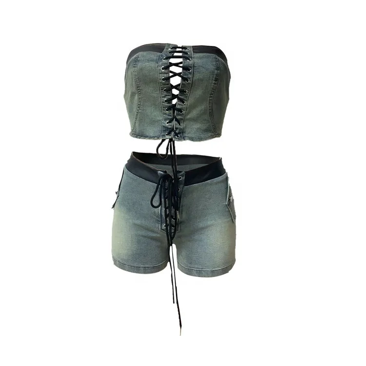 Stretch Denim Bandage 2 Piece Sets for Women Sexy Tube Tops and Shorts Matched 2024 Summer Street Safari Baddie Outfits