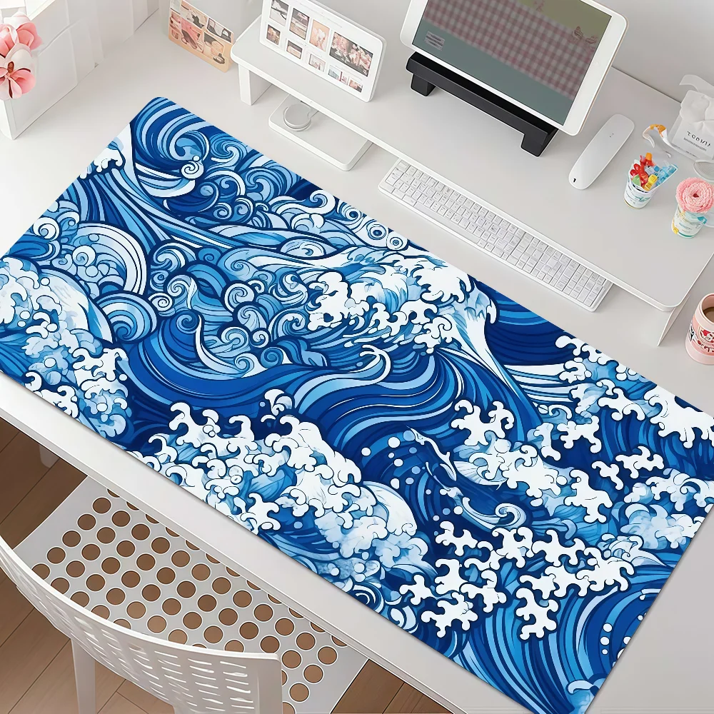 Japanese Blue Waves Mouse Pad Anti Slip Rubber Edge Locked Thickened Laptop Gaming Desk Mat