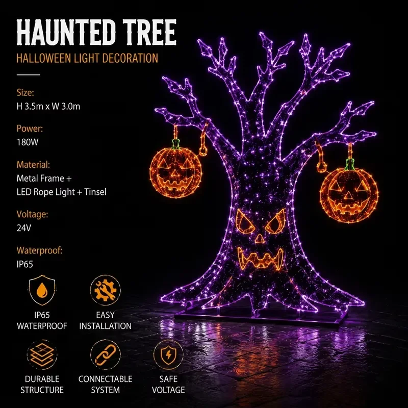 Ghost Swing Tree with Pumpkin Top Purple PVC Tinsel LED Rope Metal Frame CE UL IP65 Halloween Motif Light for Horror Theme