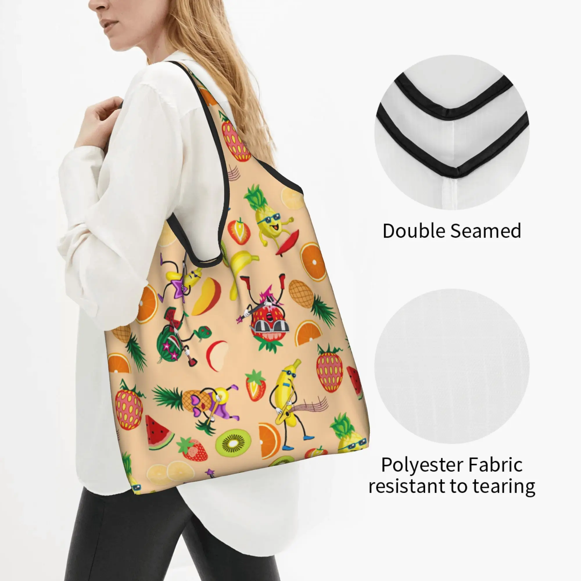 Funny With Kiwi Banana Playing Guitar Grocery Shopping Bag Custom Shopper Shoulder Tote Bags Strawberry Rock Musician Handbag