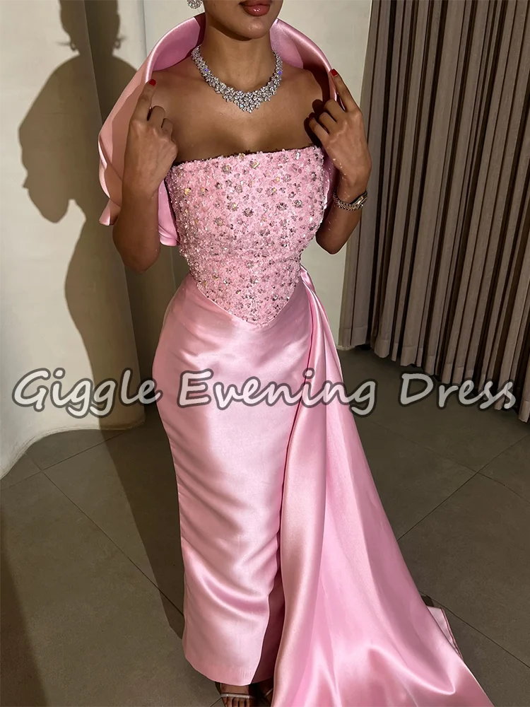 Gorgeous Pink Off-Shoulder Satin Prom Dresses Cape Short Sleeves Pleated Luxury Crystals Evening Dresses for Woman Customized