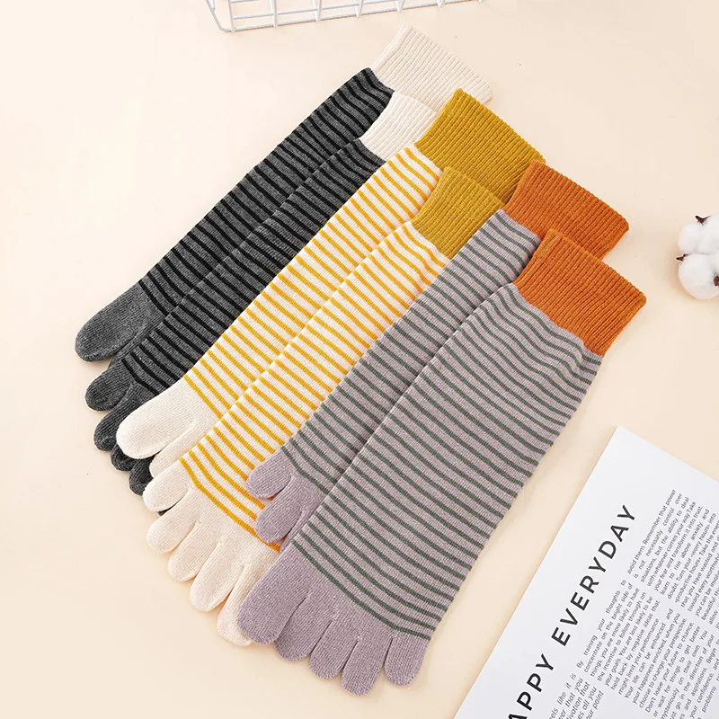 3 Pairs Autumn Winter Five Finger Socks Women Girls Combed Cotton Warm Sock Fashion Striped Mid-Tube Sport Style Crew Toe Socks
