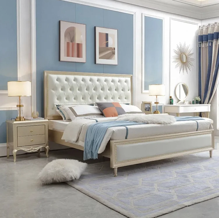 

！@Master Bedroom Home King Size Bed Frame Luxury Simple White Upholstered Bed Frame Solid Wood Storage Box Bed