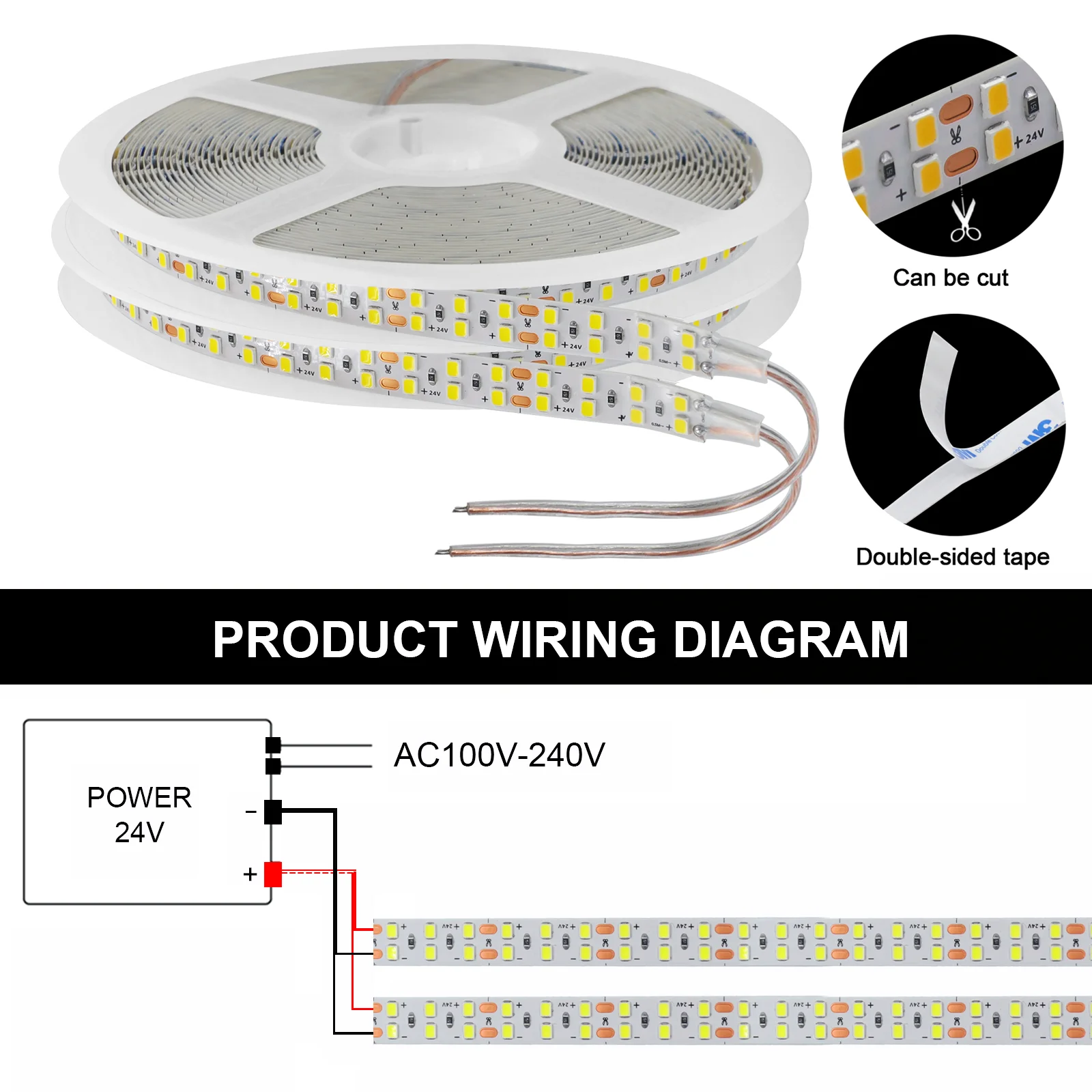 5m/roll 2835 LED Strip DC 12V 24V Flexible Ribbon LED Tape 120 240 480LEDs/m Waterproof LED Lights Room Decor 3000K 4000K 6000K