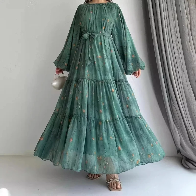 

Ladies' New Dress Muslim Chiffon with Belt Robe Fashionable and Elegant Temperament Spring New