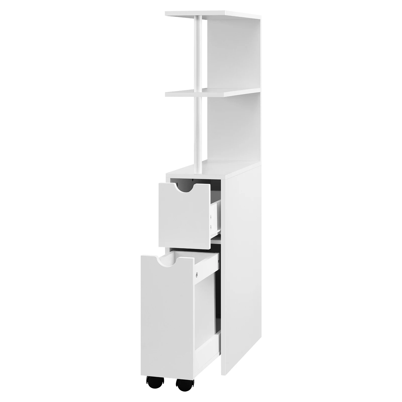 White Bathroom Niche Cabinet with Drawer Wheels Narrow Side Cabinet Multi-Purpose Tall Freestanding Storage Cabinet for Kitchen